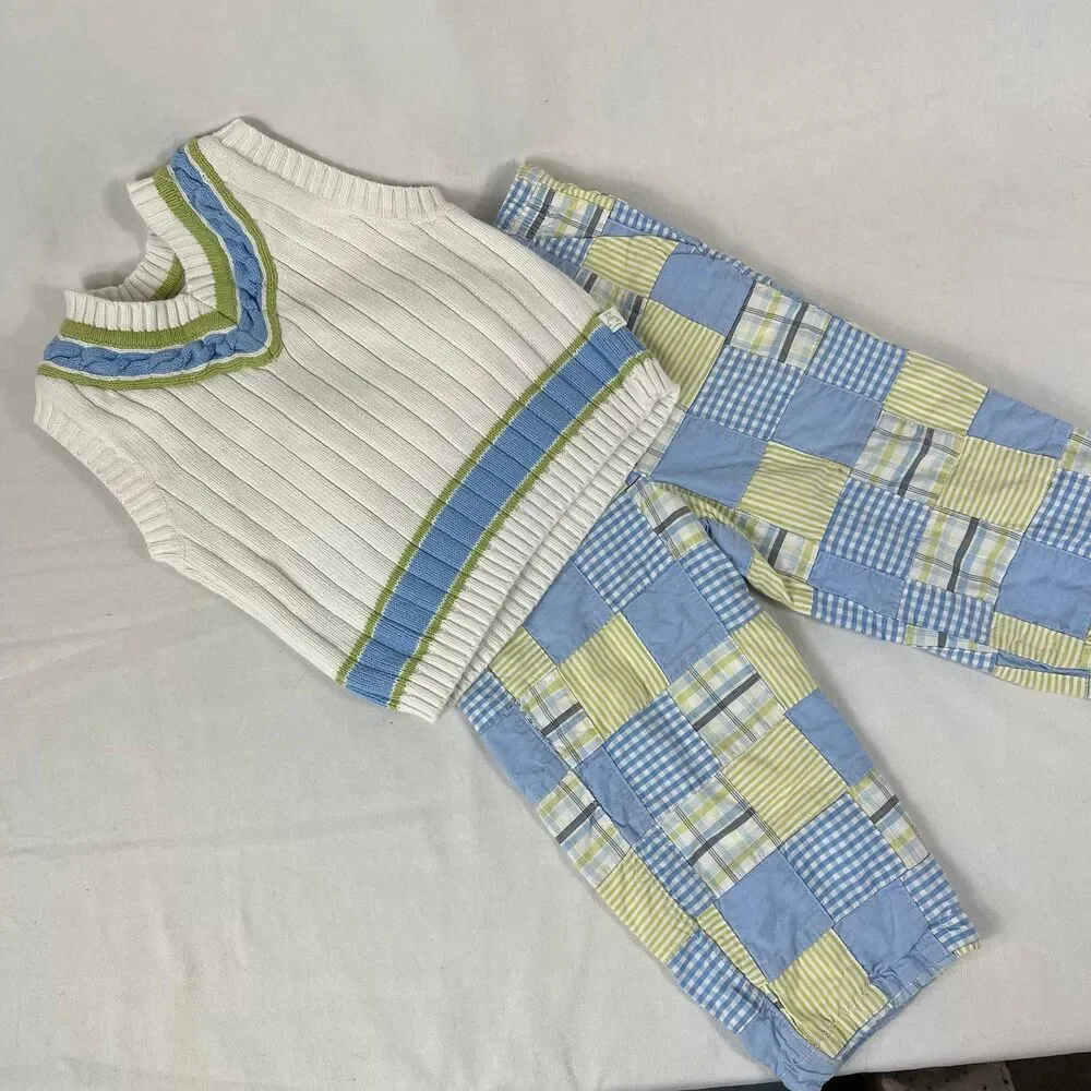VTG Y2K Boys Patchwork Pants & Sweater Vest Dressy Outfit Spring 18-24 Baby Gap